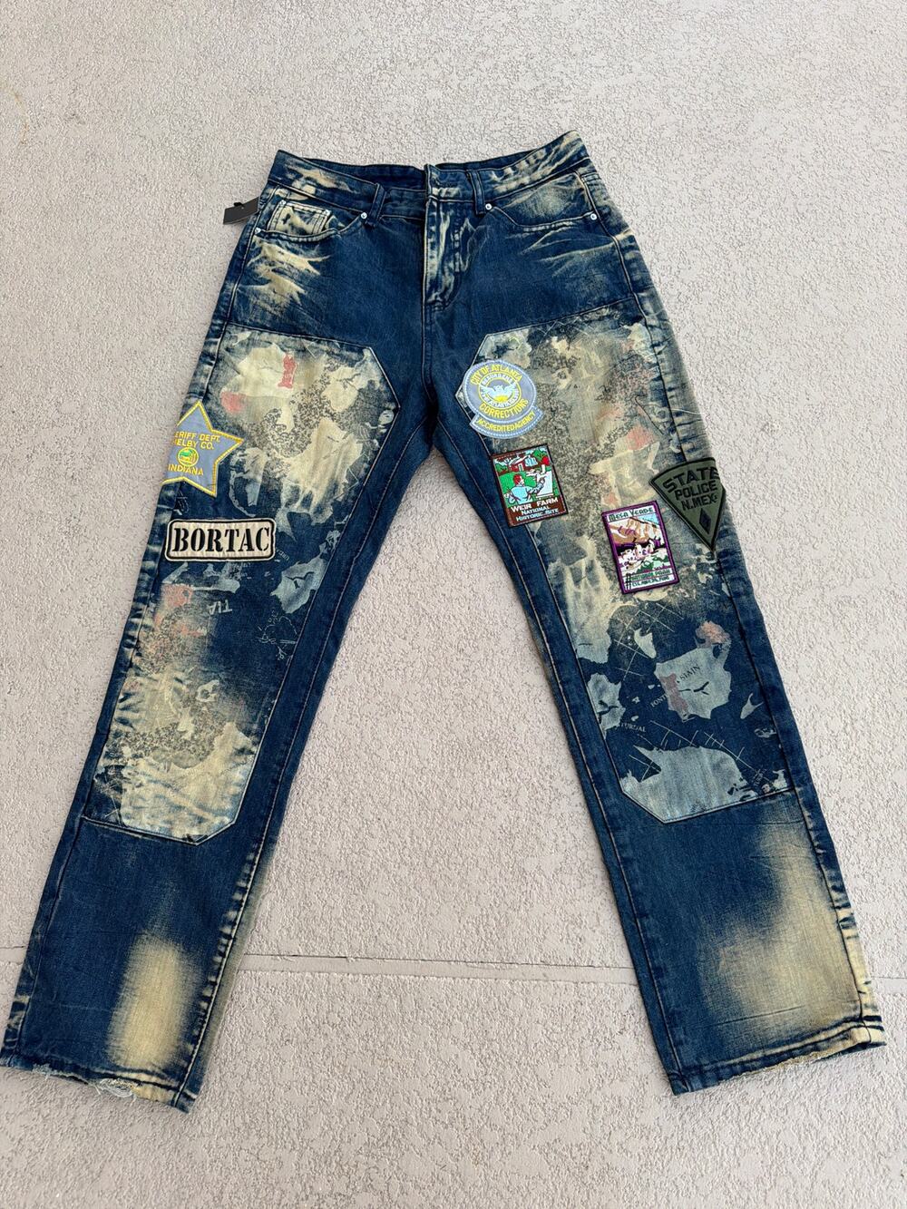 NWT Amiri Men's Patch Art Jeans Blue 32 Bleached Slim Straight Patchwork Map